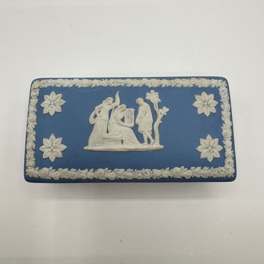 Wedgwood Blue Jasperware Rectangular Trinket Box Neoclassical Made in England